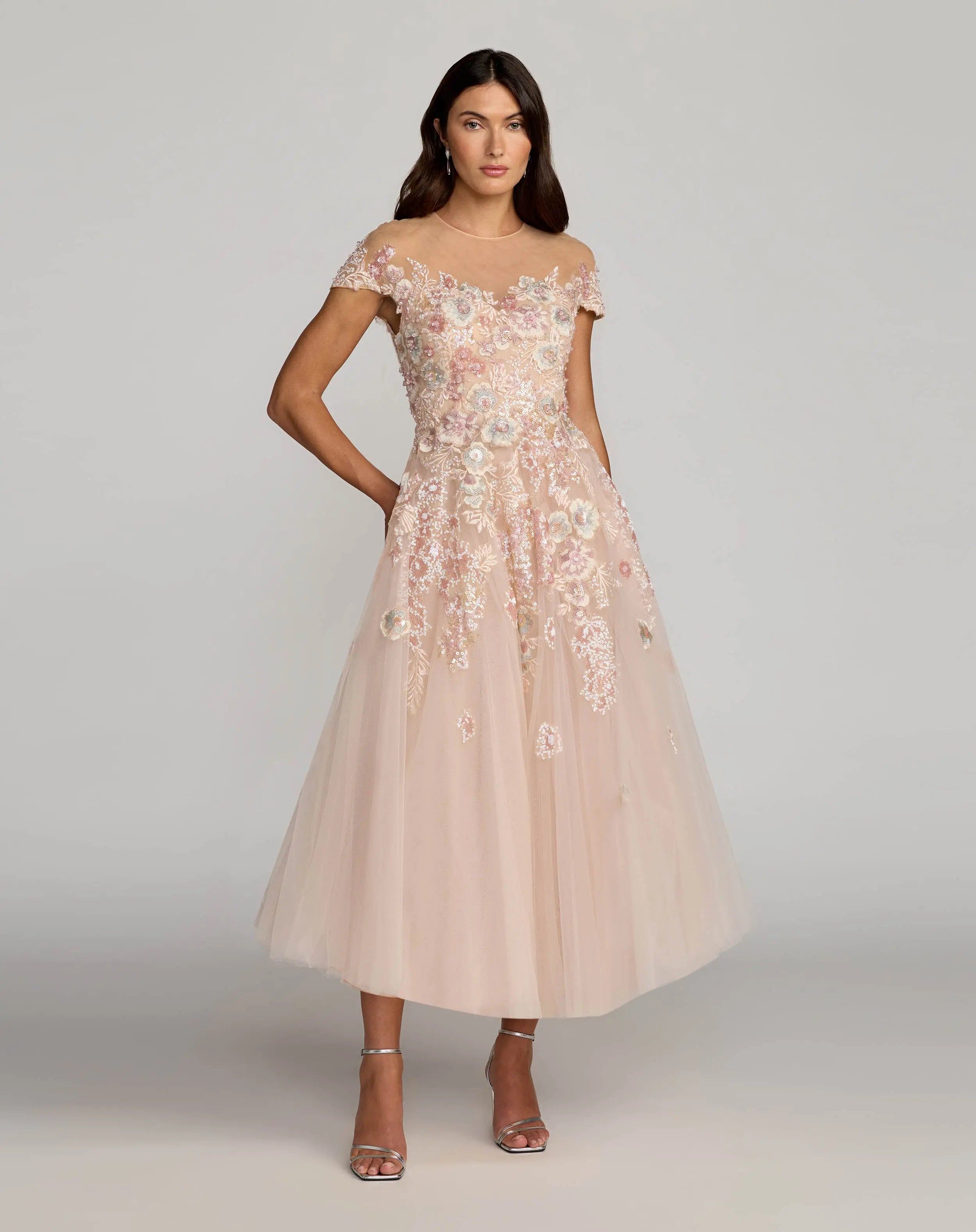 Image of Pink Embroidered Tulle High Neck Cap Sleeve Dress