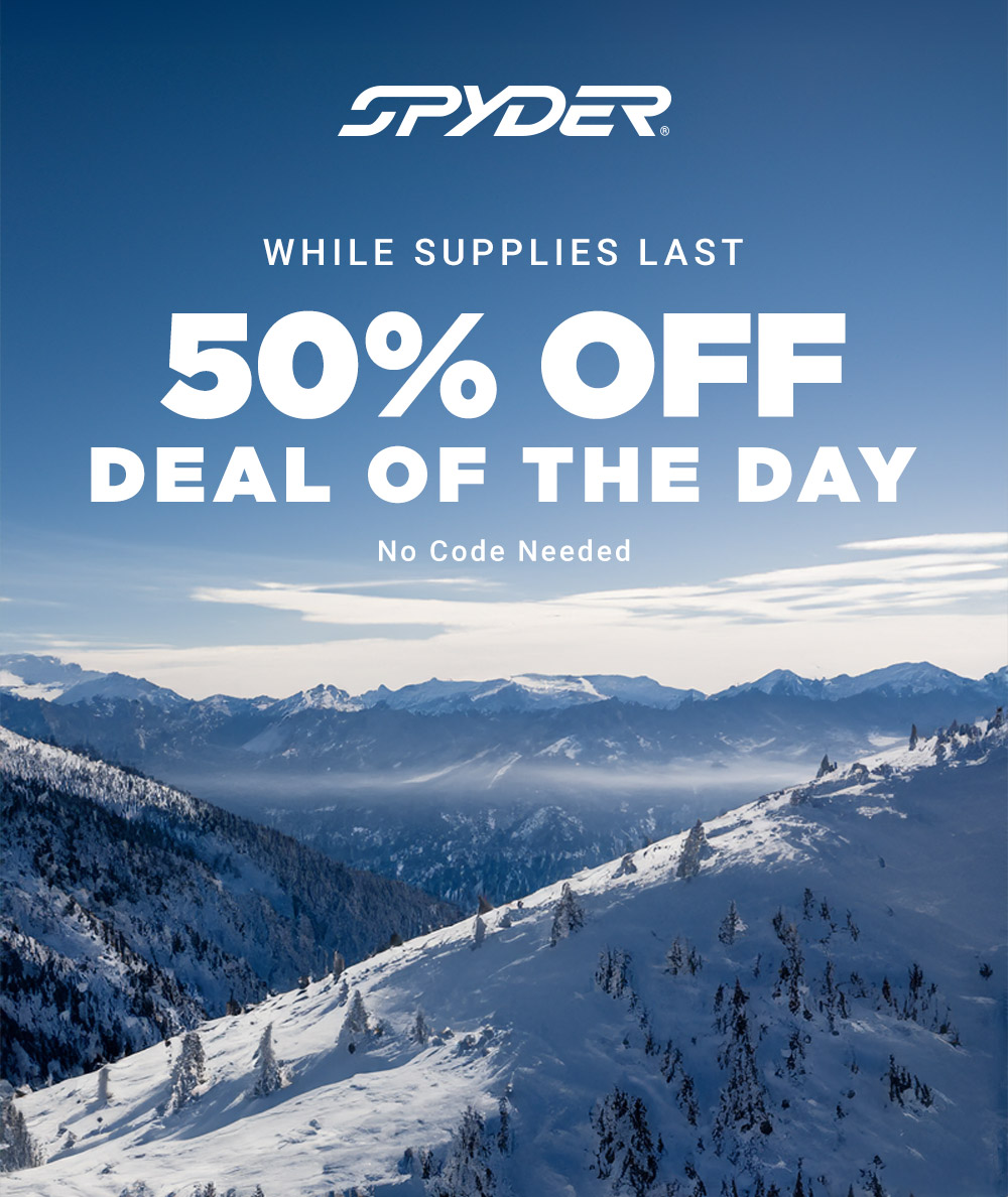 Snowy mountain landscape. Spyder logo. Message: While Supplies Last. 50% Off Deal of the Day.
