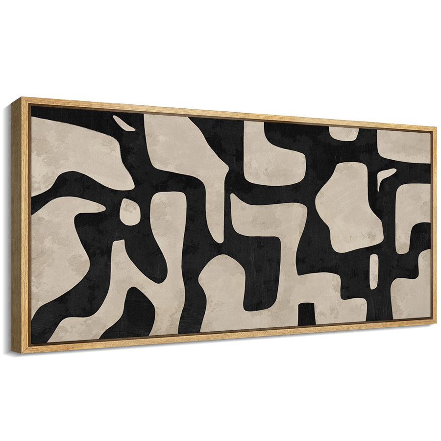 Mid Century Shape Abstract Contours, Black And White Beige Artwork, Retro Bedroom Home Decor, Extra Large Framed Canvas Print Wall Art