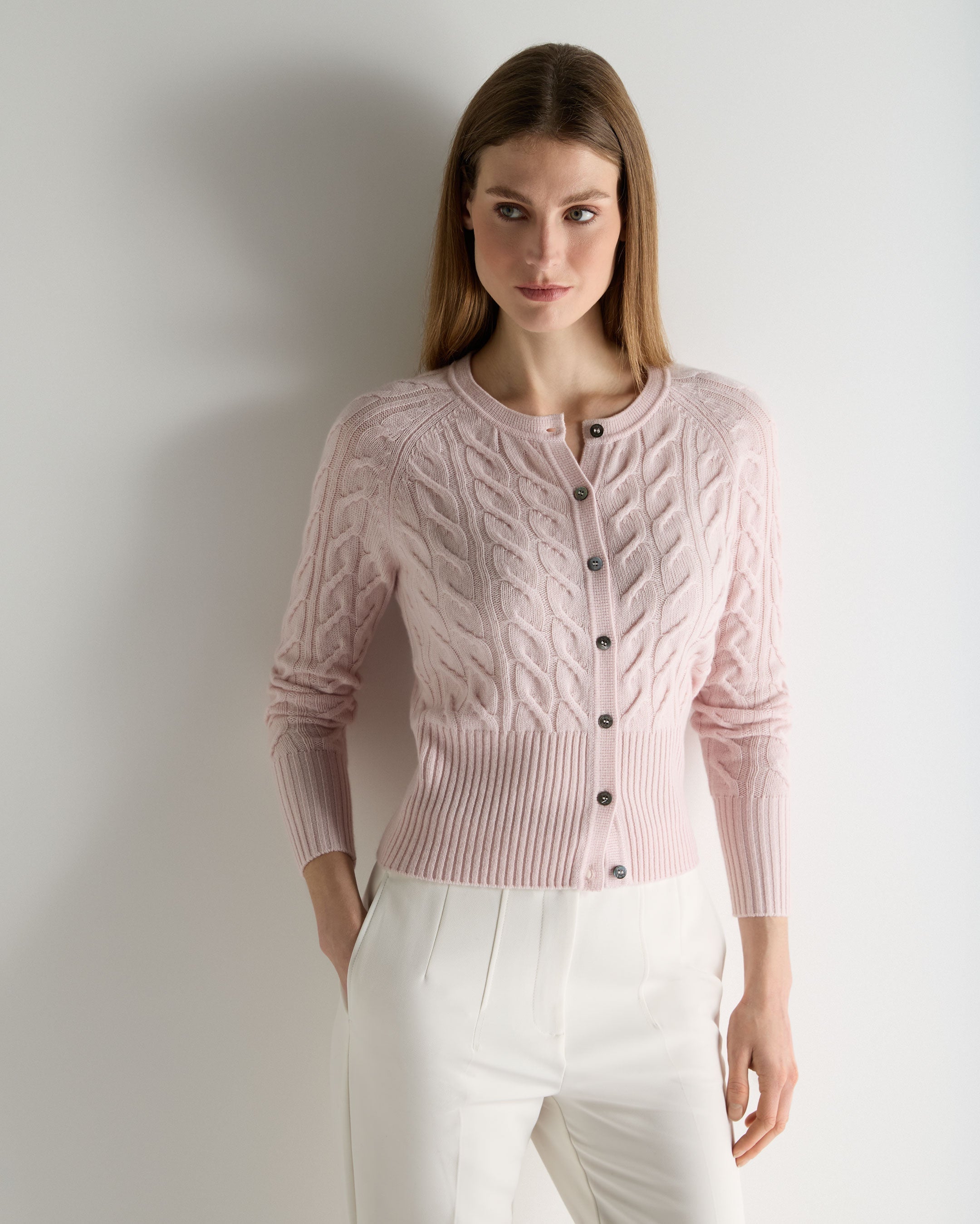 Image of Women's Myla Cable Cashmere Cardigan Powder Pink