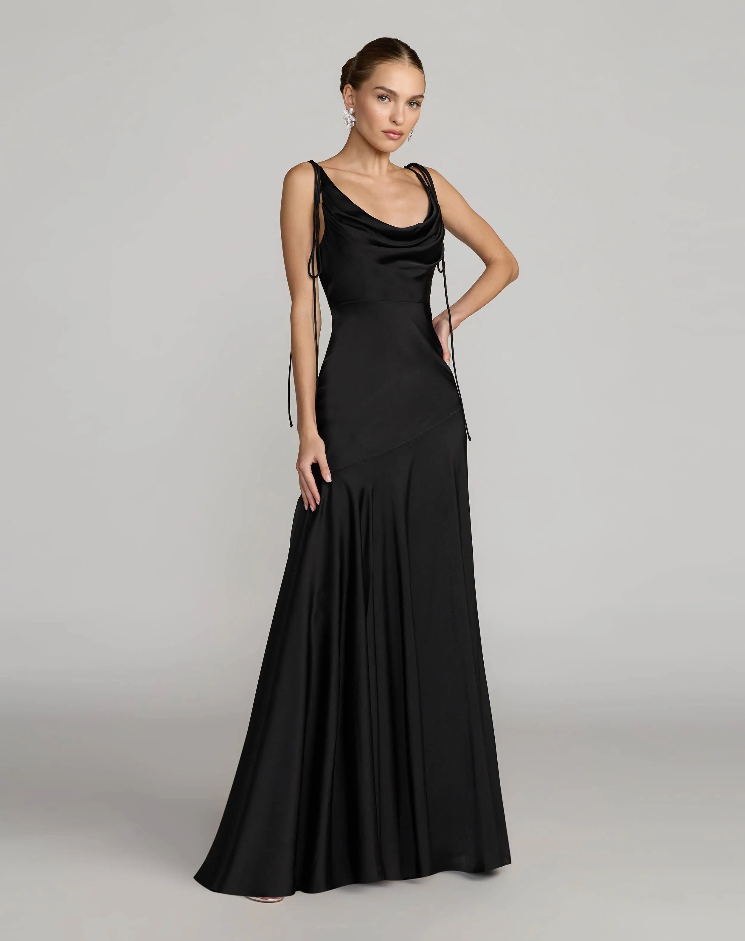 Image of Black Charmeuse Cowl Gown With Thin Bow Straps