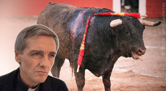 priest with a background of an injured bull in the ring