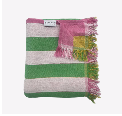 Dolce 100% Cotton Modern Striped Beach Towel Pink / Yellow And Green