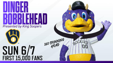 Get your Dinger Bobblehead presented by King Soopers on Sunday, 6/7 for the first 15,000 fans as the Rockies take on the Brewers.