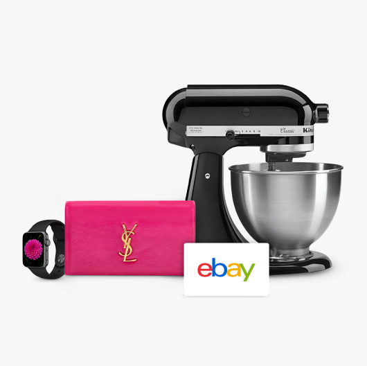 An Apple Watch with a black band and a bright pink dial, a Saint Laurent Monogram Cassandre Phone Holder in pink, an eBay gift card, and a KitchenAid Classic Series 4.5-Quart tilt-head stand mixer in black sit against an off-white background.