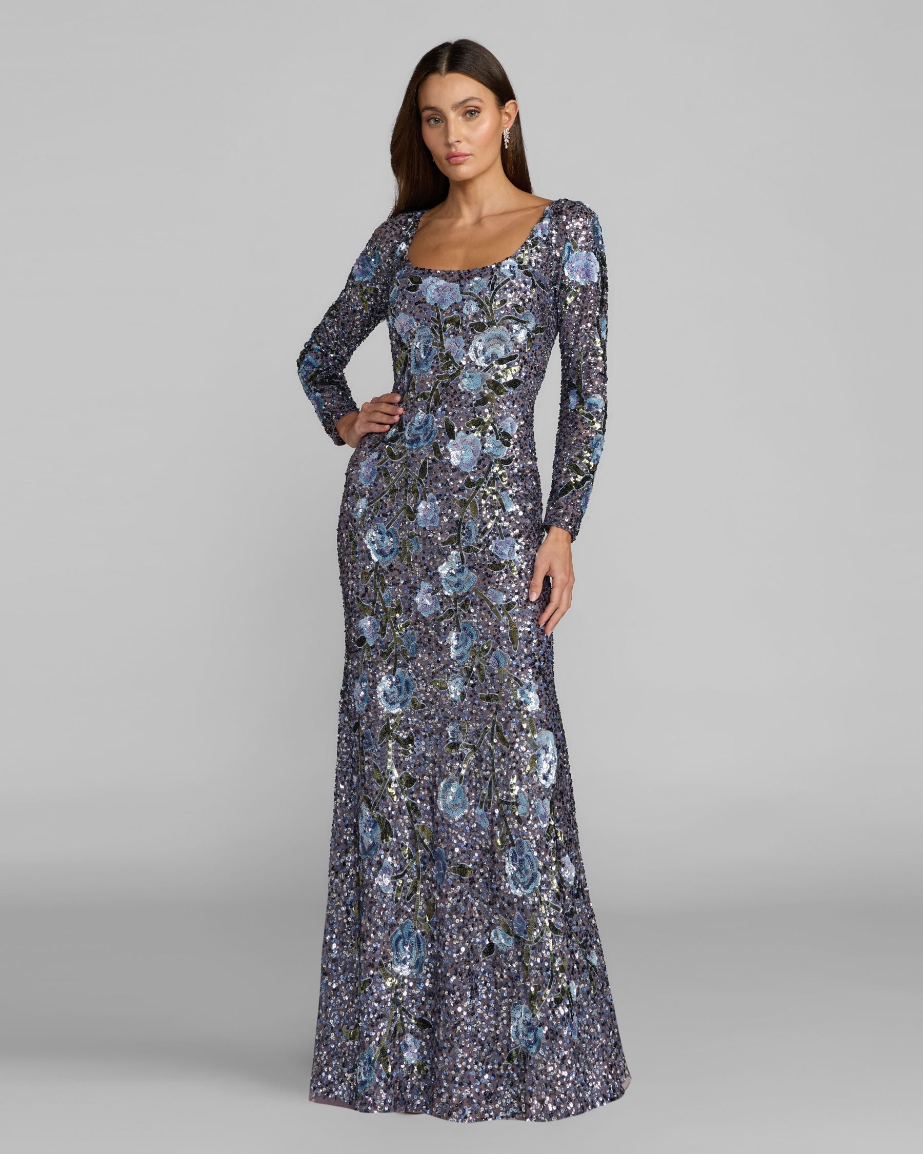 Image of Blue Floral Sequin Long Sleeve Gown