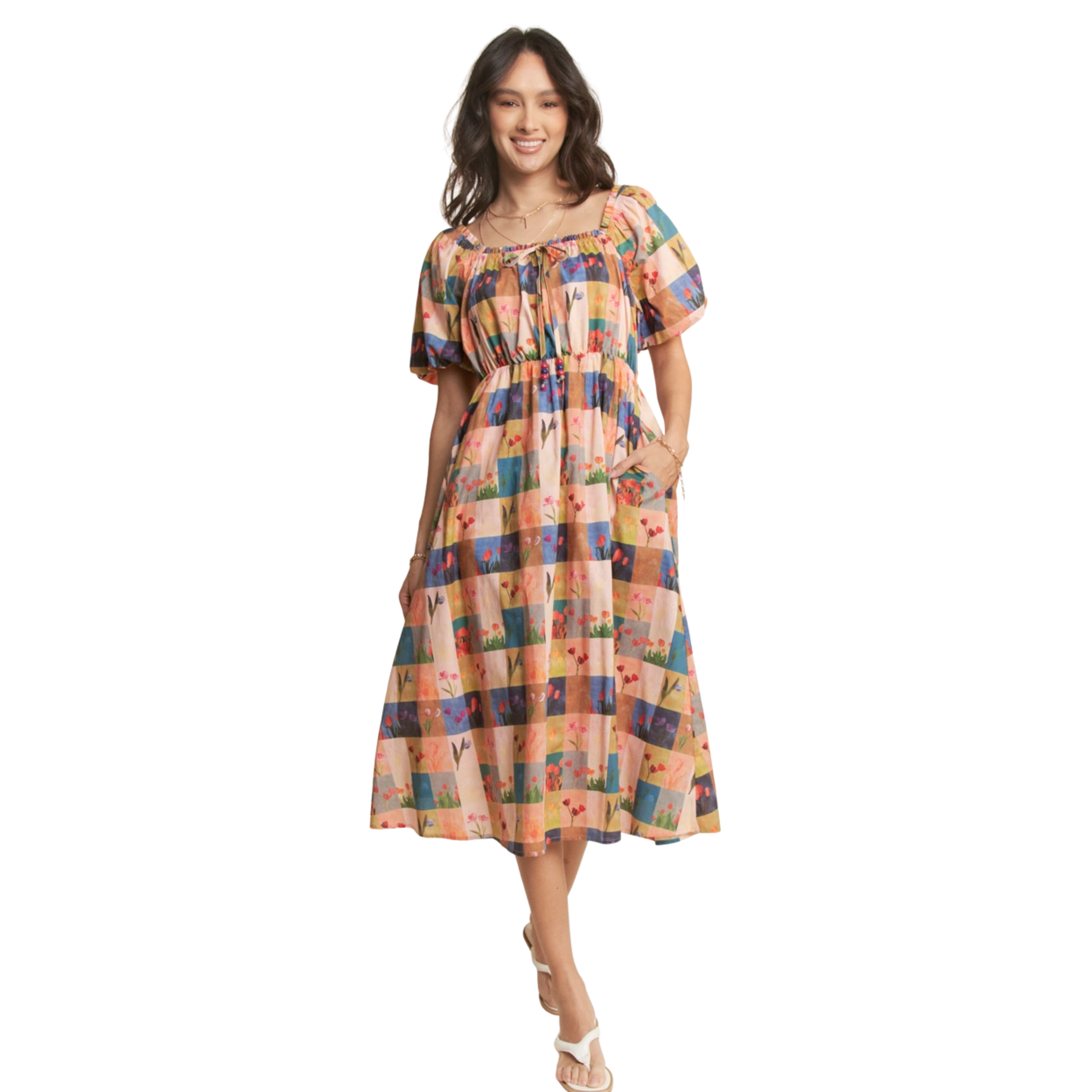 Image of Multi Checker Floral Puff Sleeve Puff Midi Dress