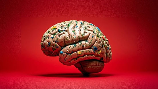 Illustration of a brain covered in microplastics