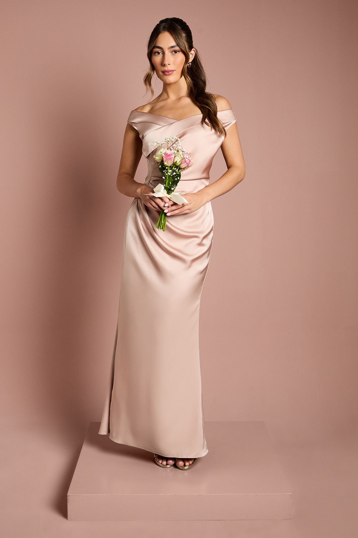 Satin Bardot Bridesmaid Maxi Dress with Waist Ruching Detail
