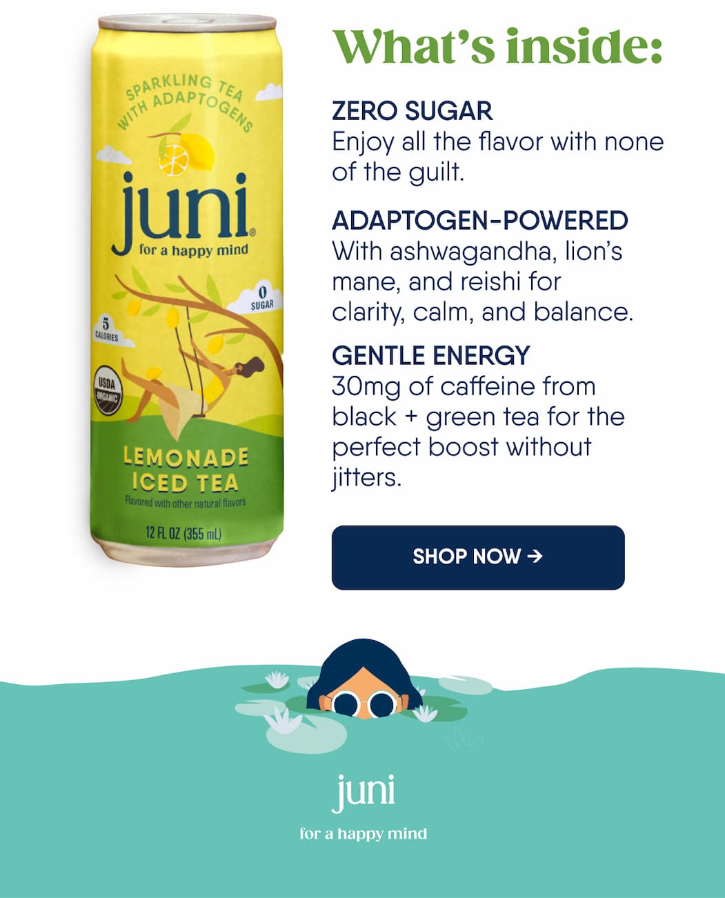 What’s inside: Zero Sugar. Enjoy all the flavor with none of the guilt. Adaptogen-Powered With ashwagandha, lion’s mane, and reishi for clarity, calm, and balance. Gentle Energy. 30mg of caffeine from black + green tea for the perfect boost without jitters. SHOP NOW →