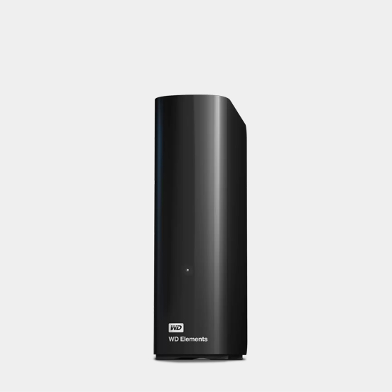 A black Western Digital (WD) Elements external hard drive.