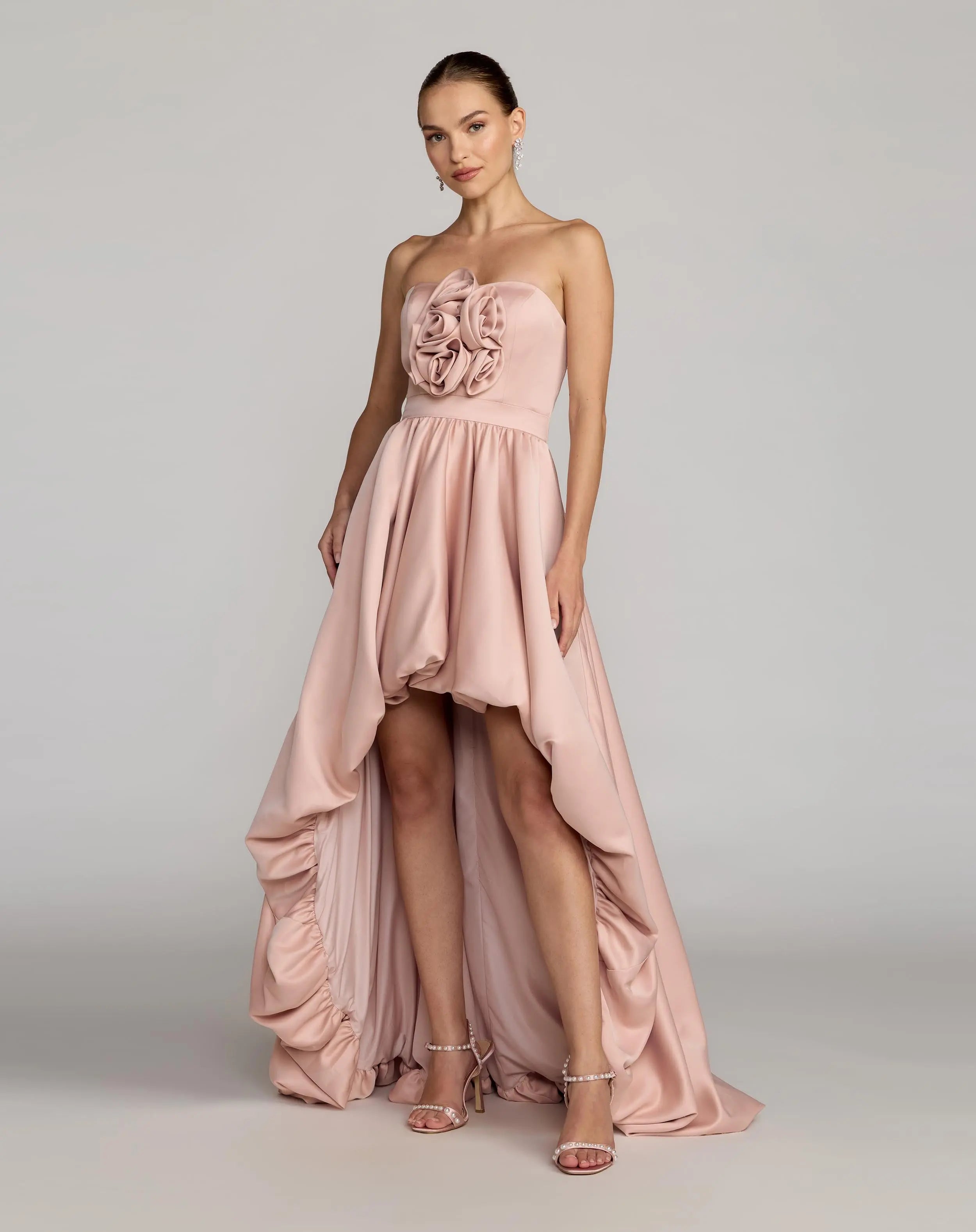 Image of Pink Strapless Satin High Low Gown with Rosettes