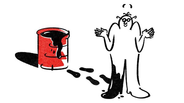Illustration of a person with glasses looking confused after putting a foot in an oil barrel.