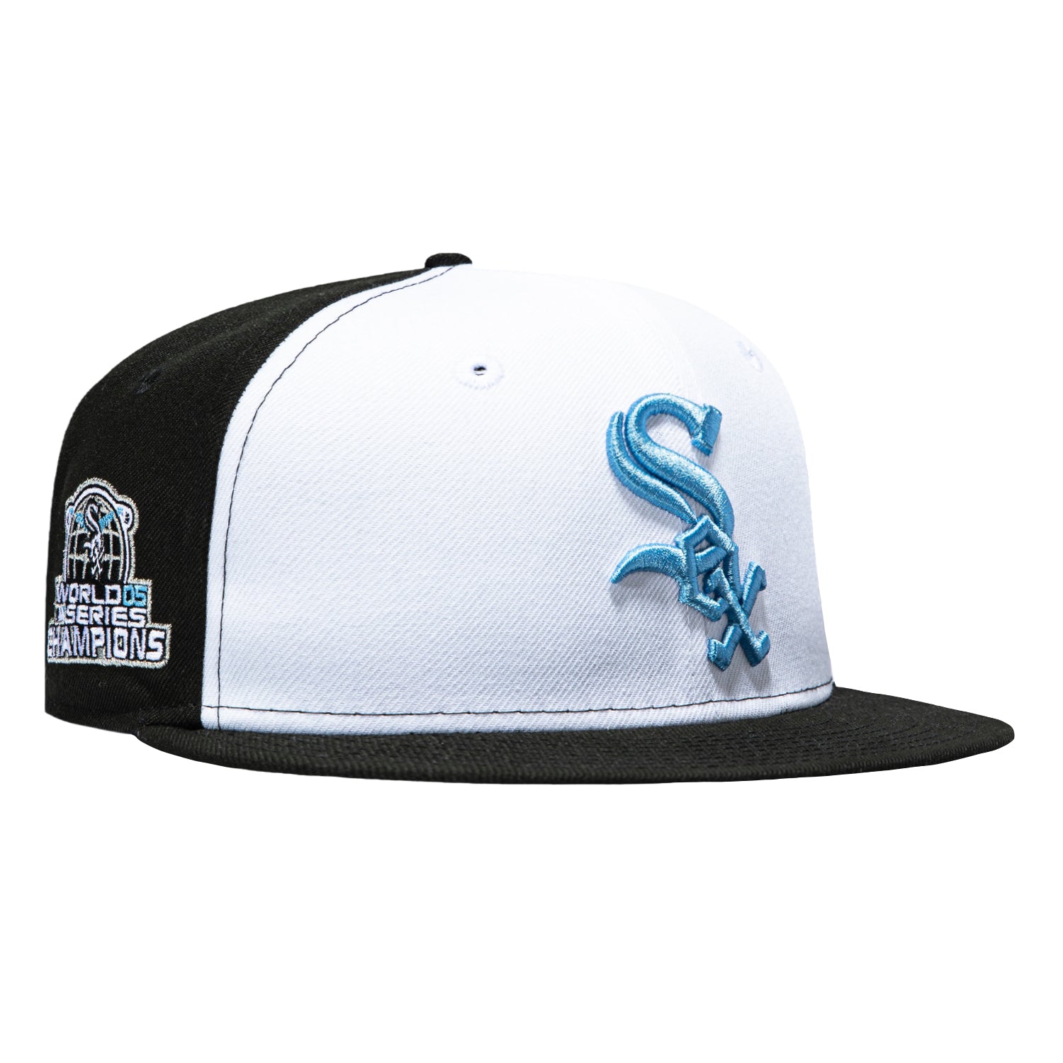 Image of New Era 59Fifty Chicago White Sox 2005 World Series Champions Patch Rail Hat - White, Black, Light Blue