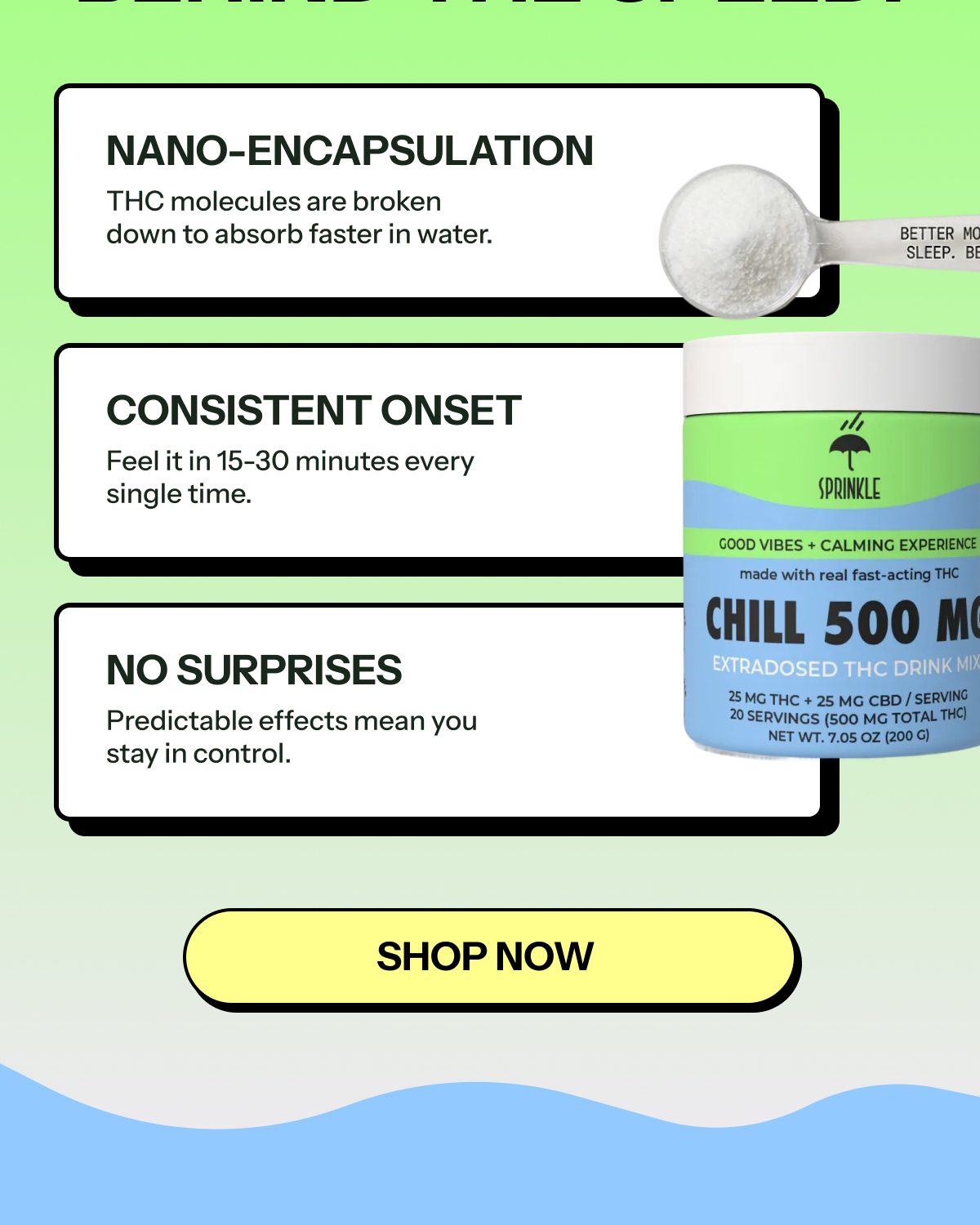 Text highlights benefits of a THC drink mix: nano-encapsulation, consistent onset, and predictable effects.