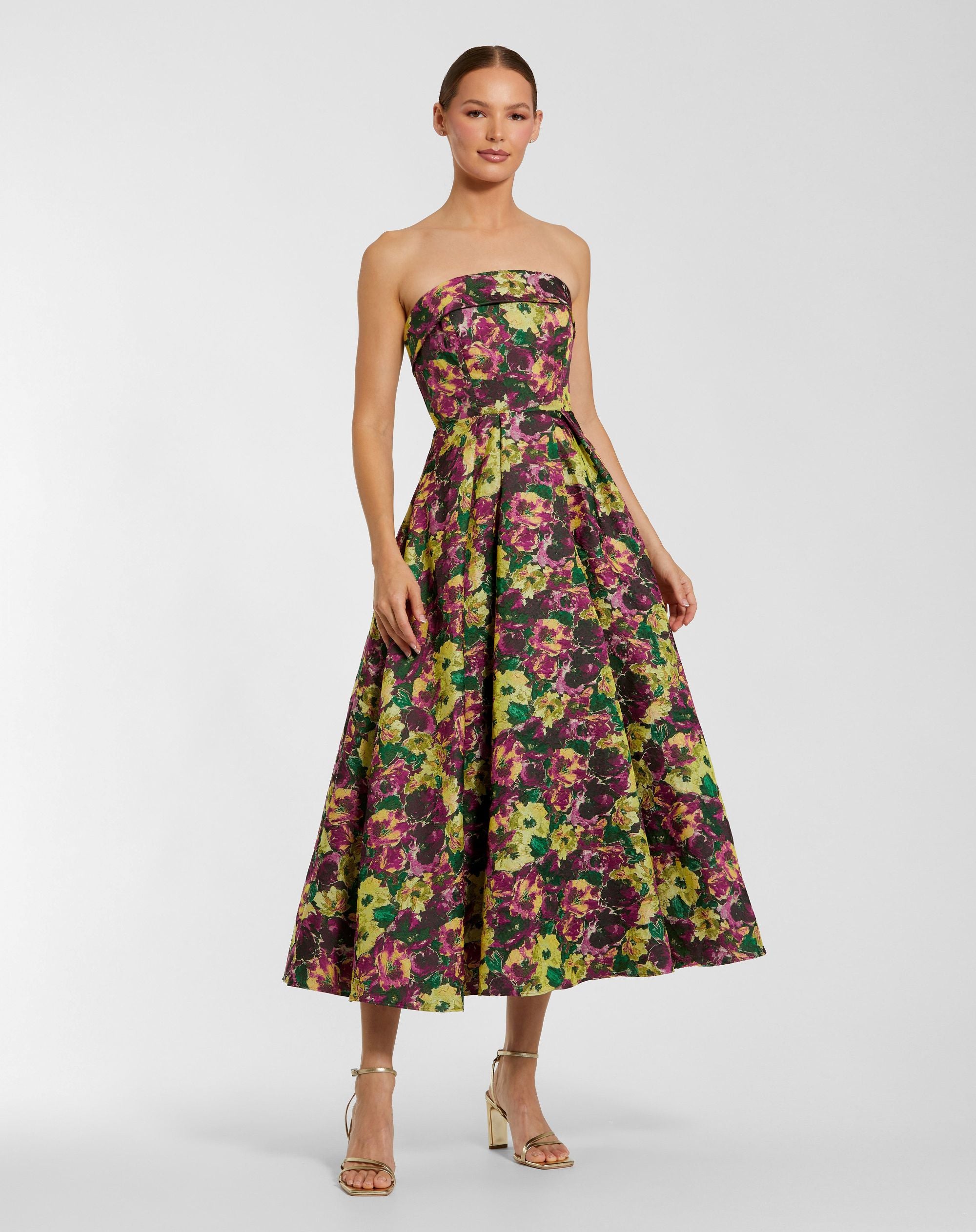 Image of Multicolor Strapless Brocade A-Line Midi Dress