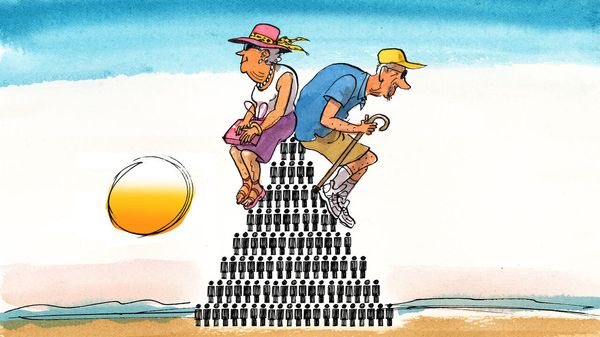 Two older people sat basking in the sun on a pyramid of ypunger people