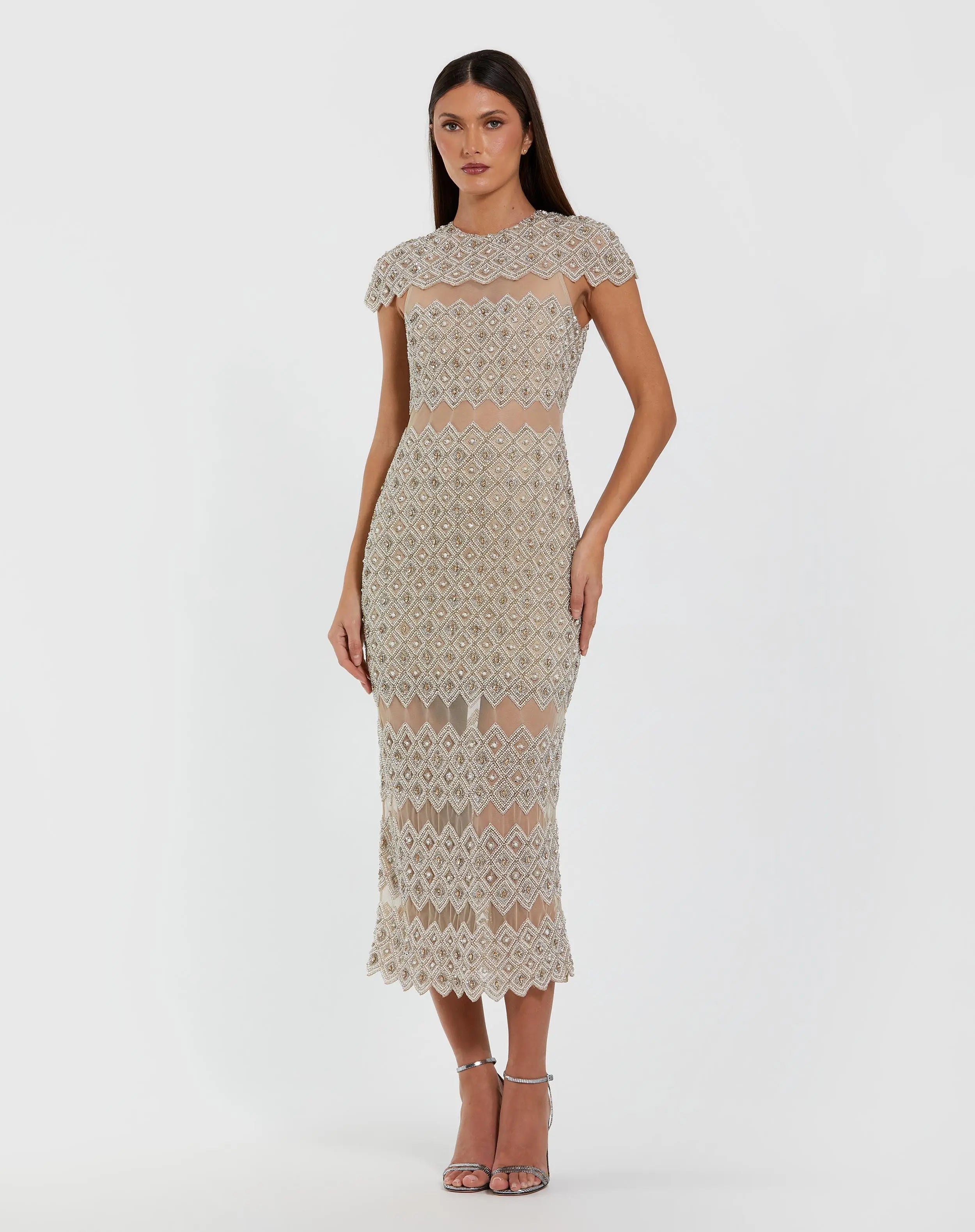 Image of Beige Embellished Mesh Fitted Midi Dress With Sheer Panels