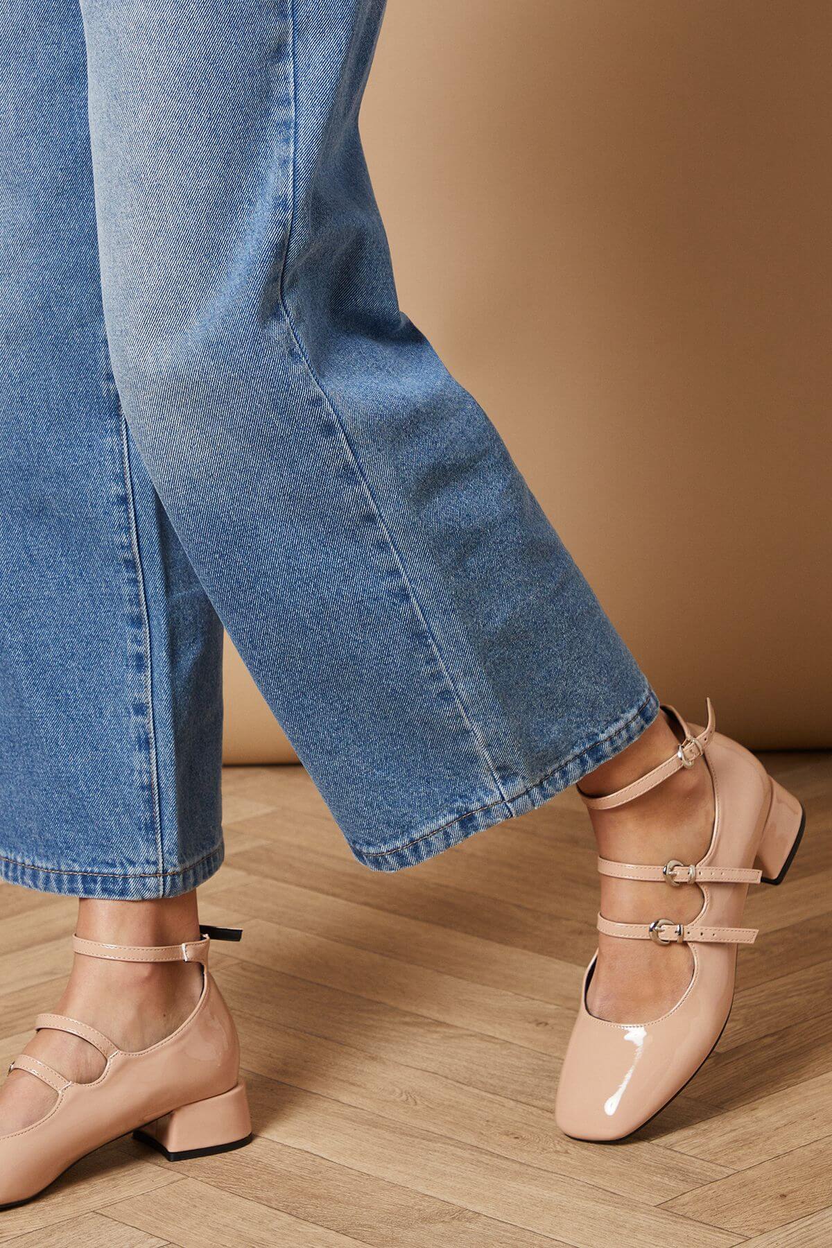 Sylvalyn Faux Patent Leather Double Mary Jane Low Heeled Shoes