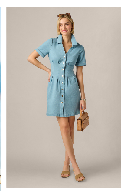 Short Sleeve Cotton Chambray Emma Dress In Chambray Blue
