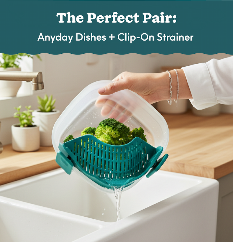 A square Anyday dish filled with broccoli with a hand draining out excess water over a sink using the Clip on Strainer