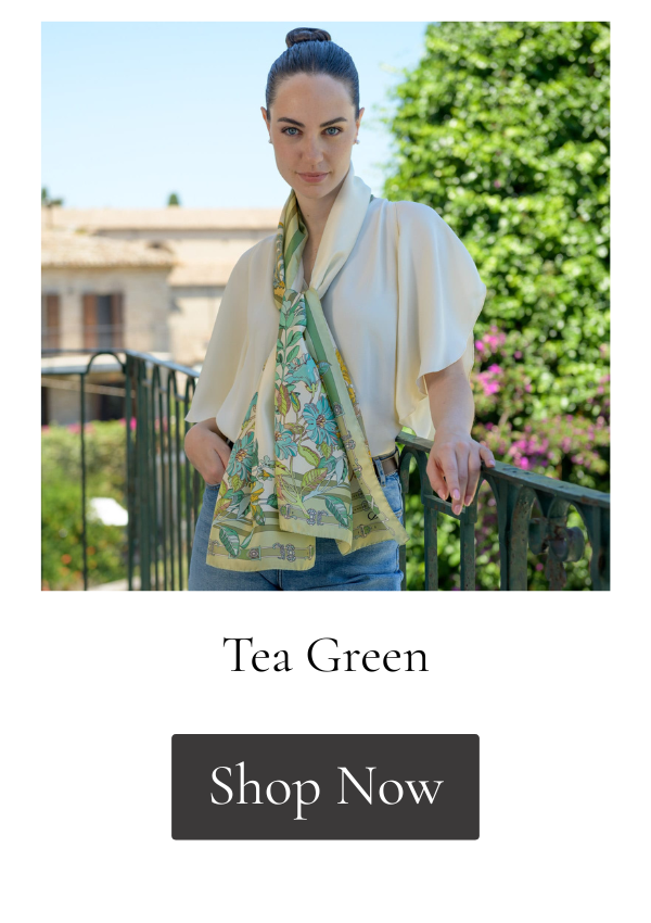 Light green floral and equestrian silk scarf