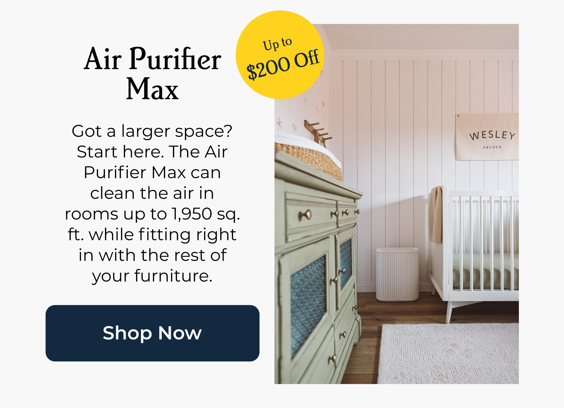 Air Purifier Max Got a larger space? Start here. The Air Purifier Max can clean the air in rooms up to 1,950 sq. ft. while fitting right in with the rest of your furniture.
