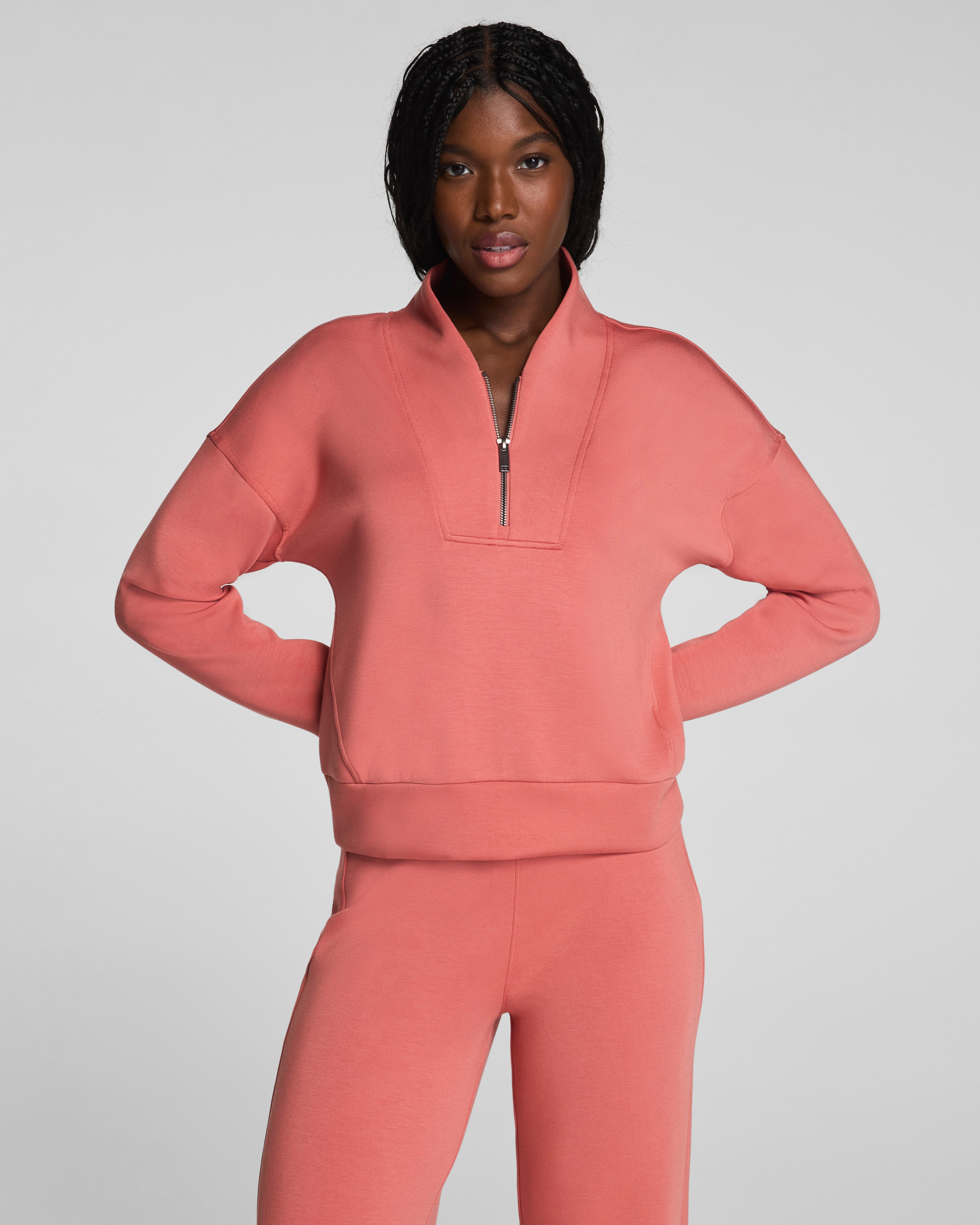 Image of Spanx Women's SPANX AirEssentials Shawl Collar Half Zip Top in Clay