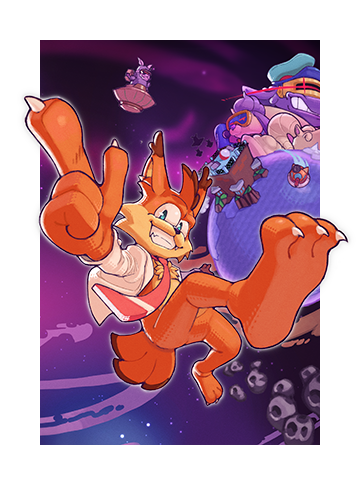 Key art for Bubsy 4D showcasing the protagonist Bubsy floating through outer space.