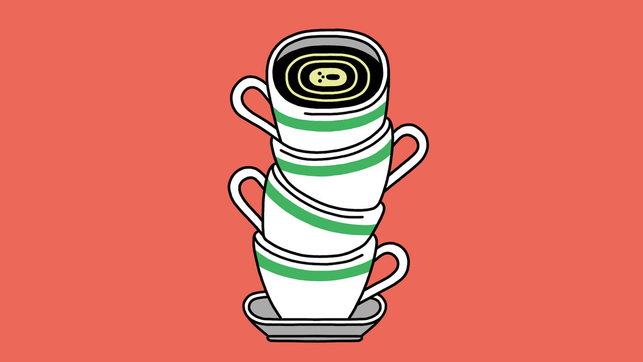 Illustration of four white coffee cups with green stripes stacked precariously on a saucer. The top cup is filled with coffee, and the foam forms a ghost-like face