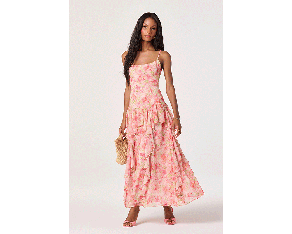 Woman Wearing Floral Ruffle Maxi Dress