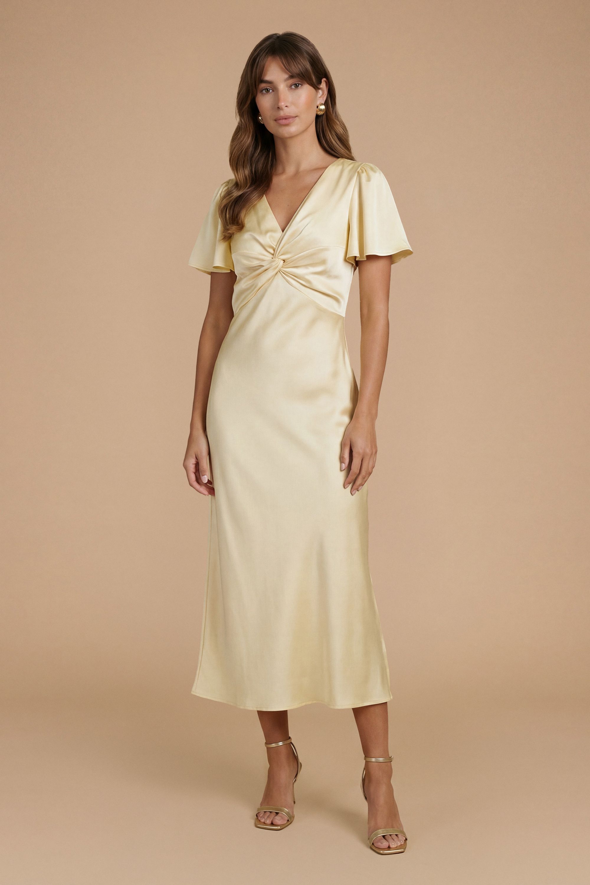 Butter Yellow Satin Twist Front Angel Sleeve Midi Bridesmaid Dress