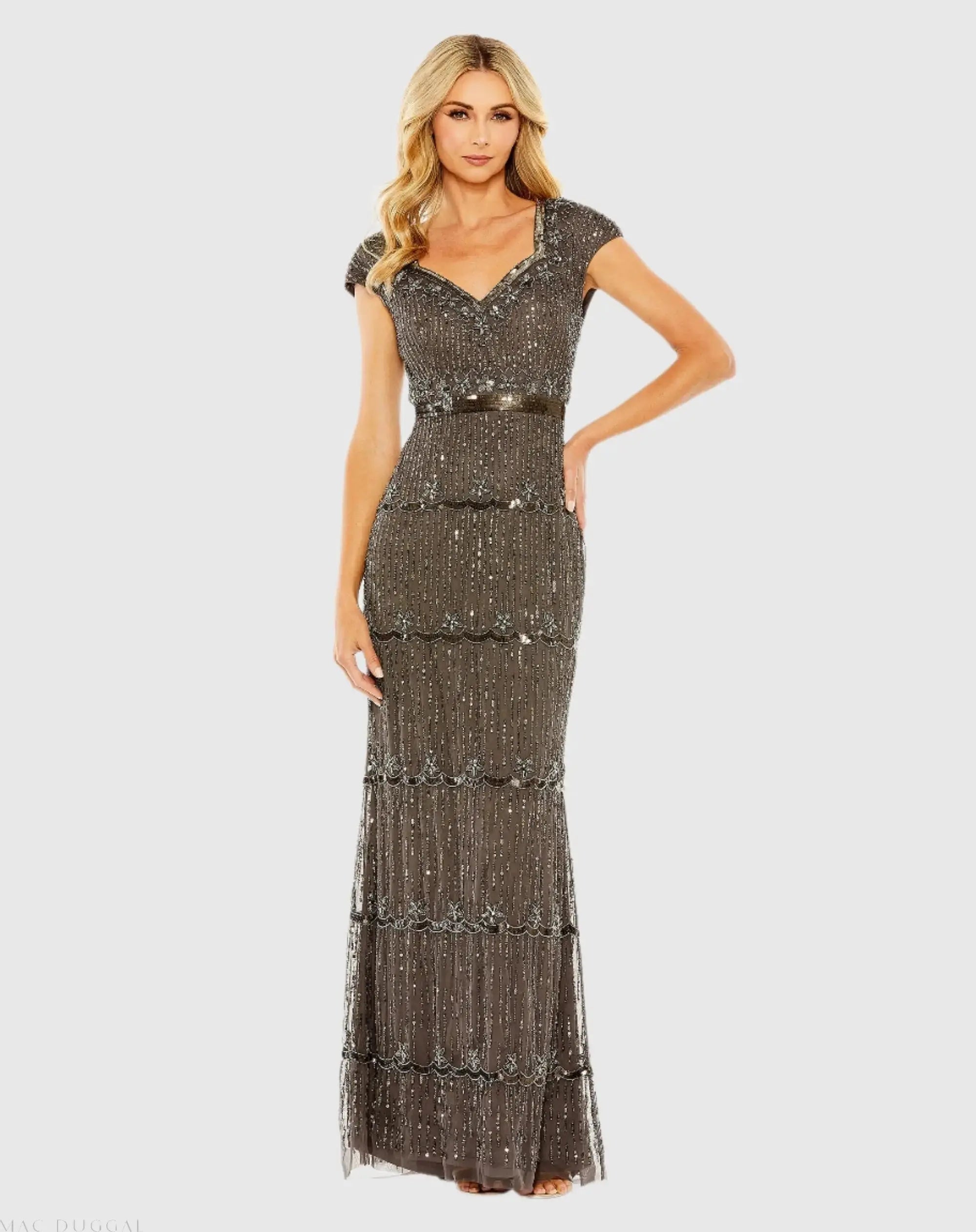 Image of Brown Sequin Cap Sleeve Sweetheart Column Gown