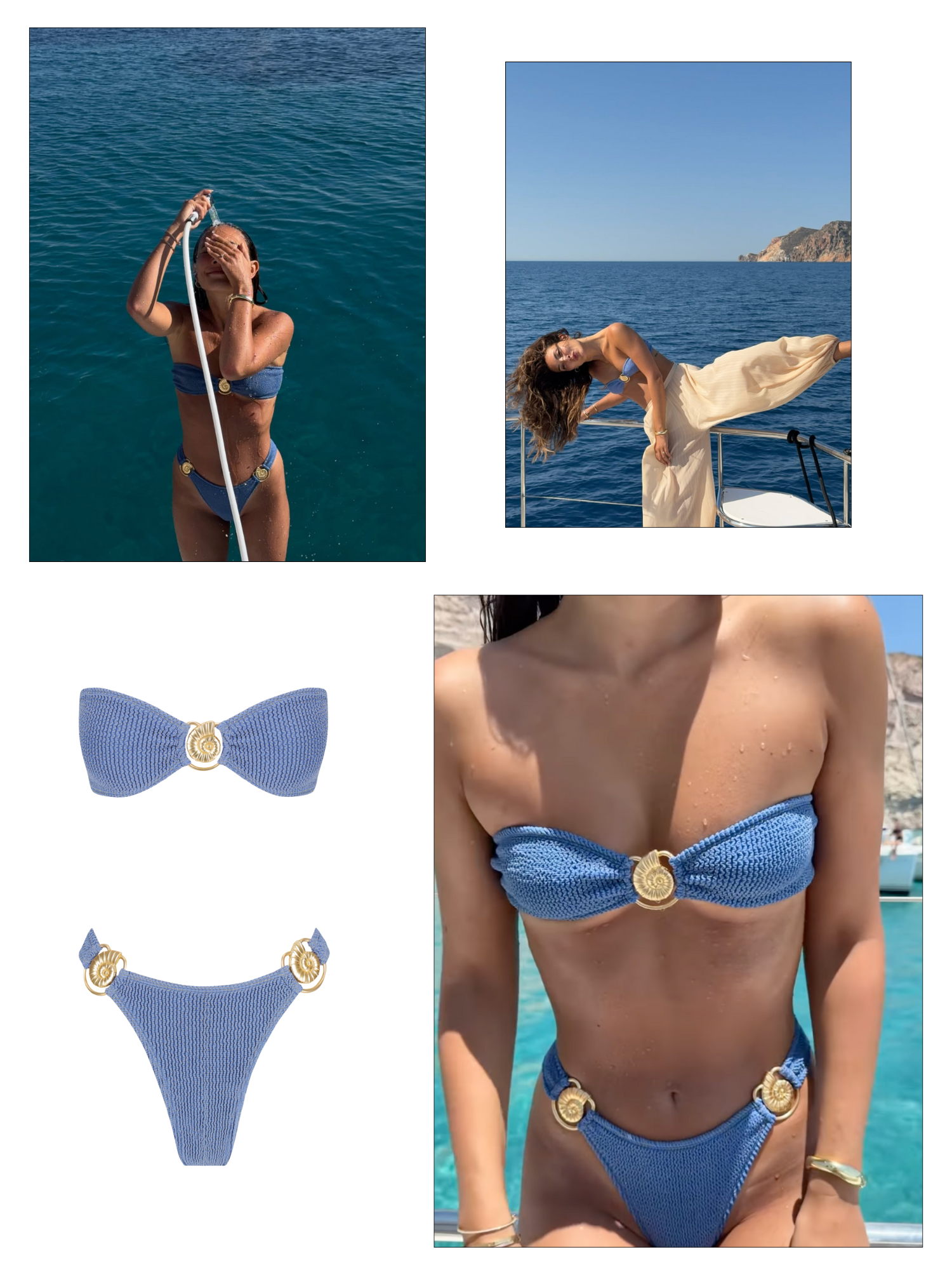 model wearing beaded bikini and blue floral bikini