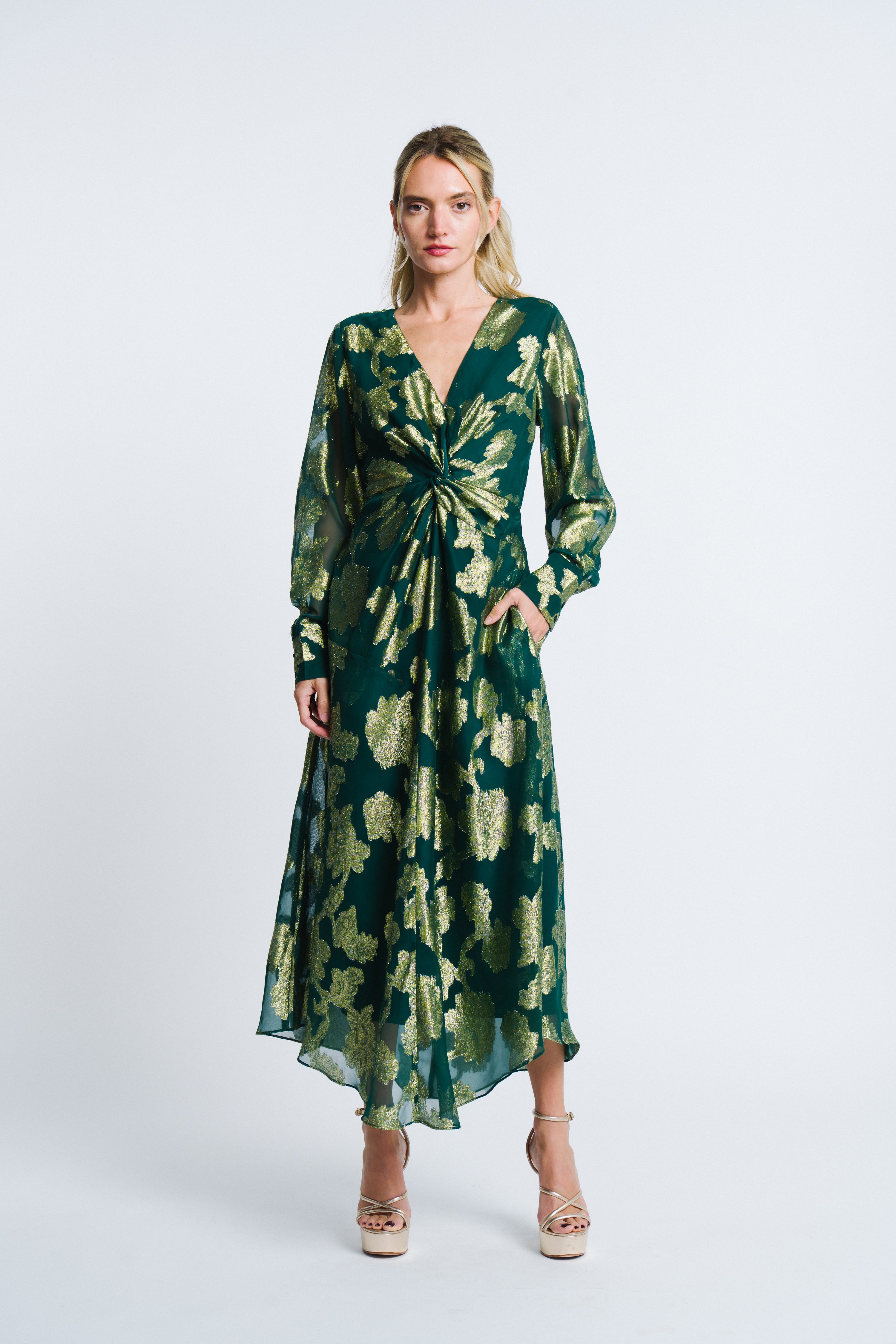 Image of Devyn Metallic Chiffon Twist Front Maxi Dress