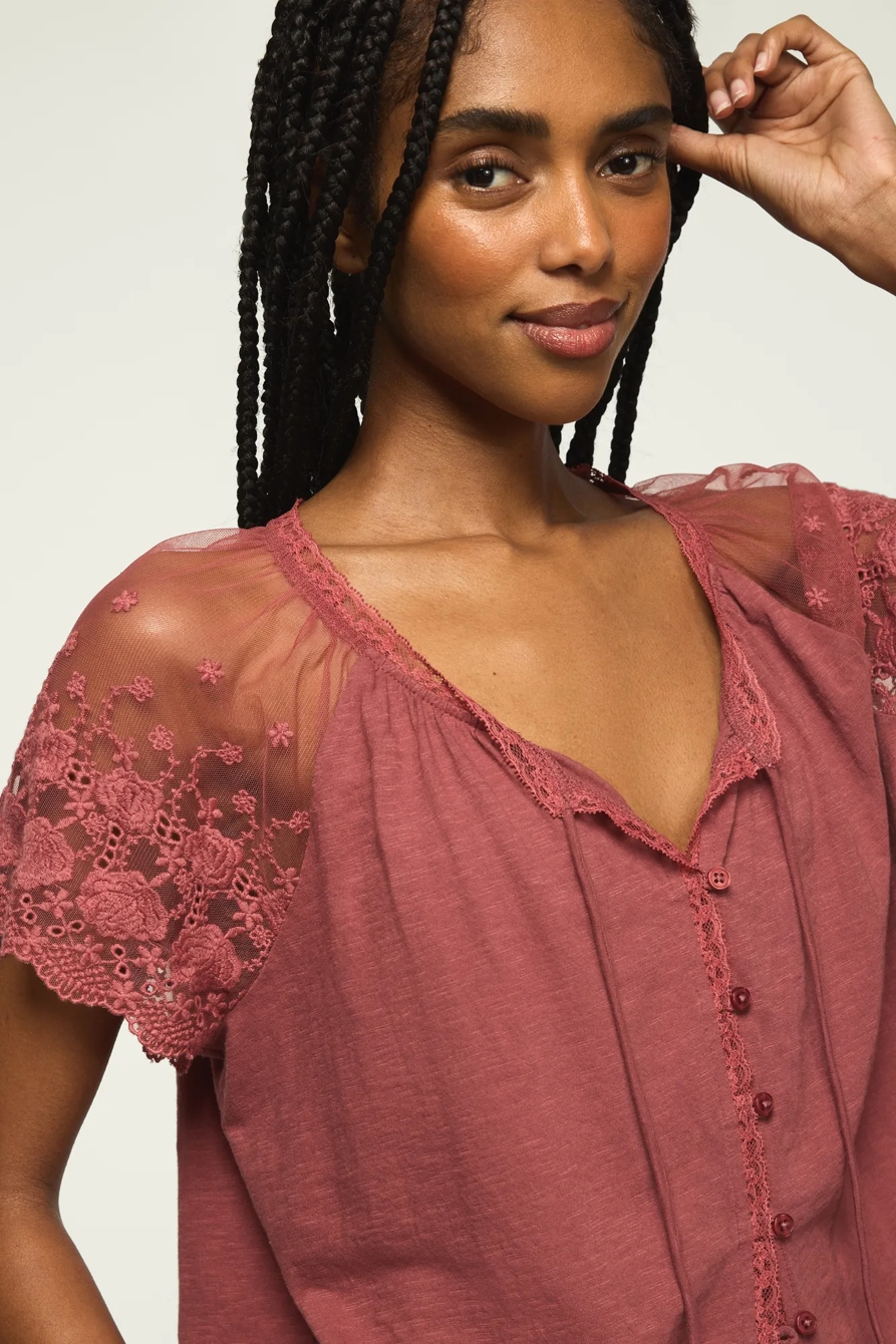 Image of Lucky Brand Lace Short Sleeve Swing Top - Women's Clothing Short Sleeve Tee Shirt Tops in Roan Rouge