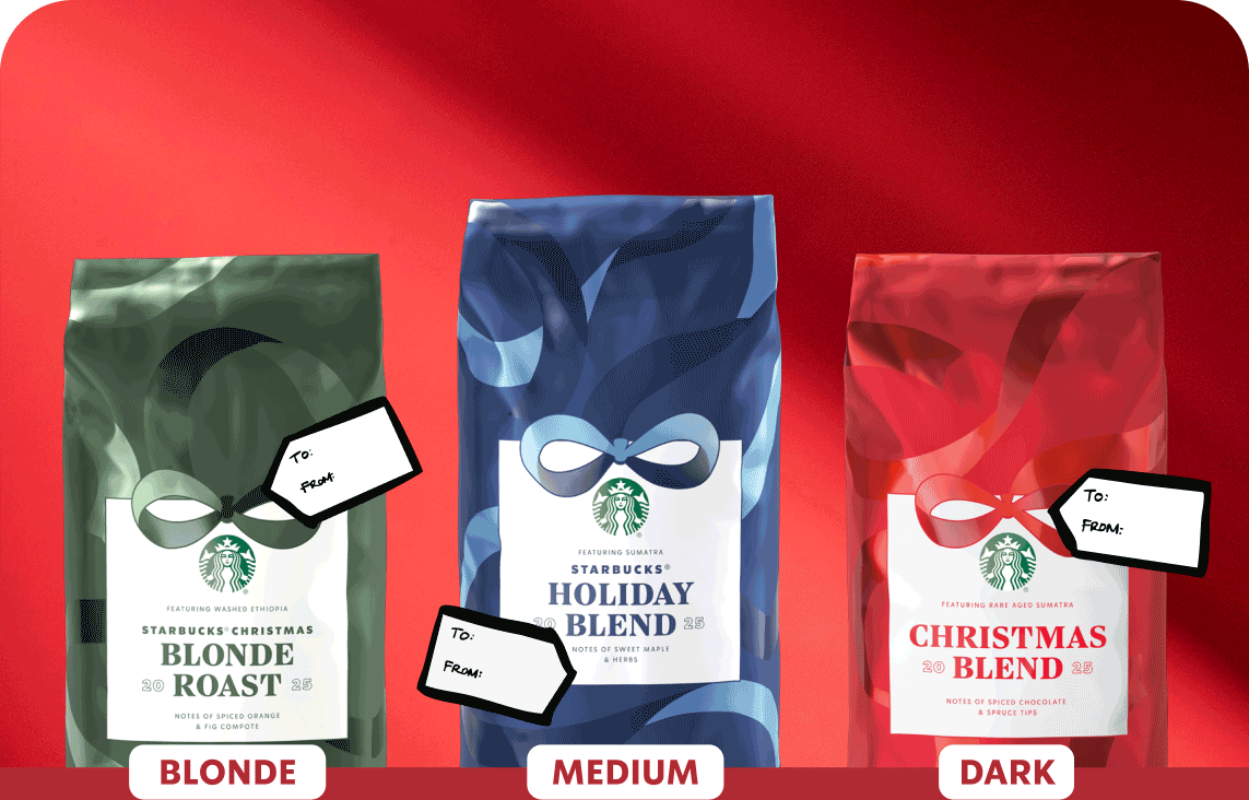 A bag of our Christmas Blonde Roast, Holiday Blend and Christmas Blend sit next to each other on a festive red background, each with a gift tag reading "To" and "From." The blends are labeled blonde, medium and dark.