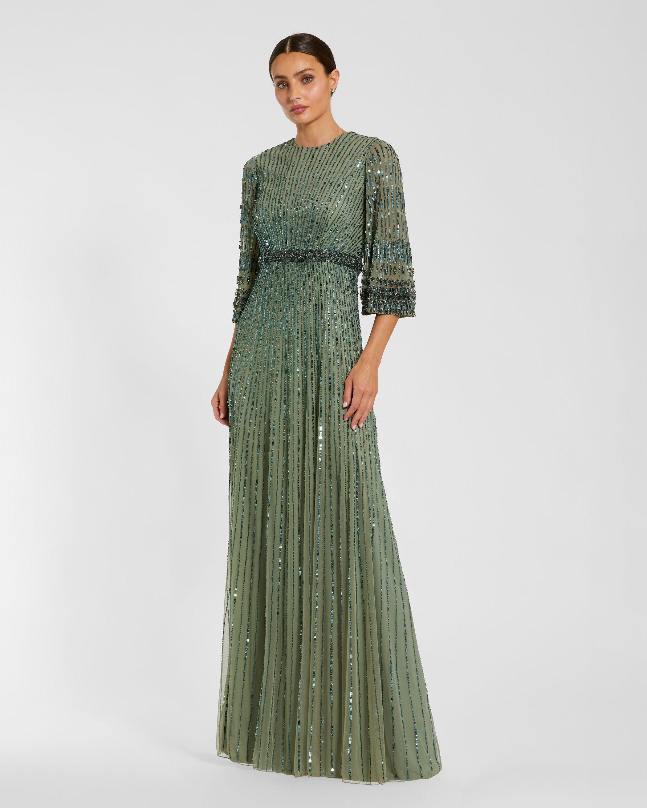 Image of Green High Neck Embellished Gown With 3/4 Sleeves