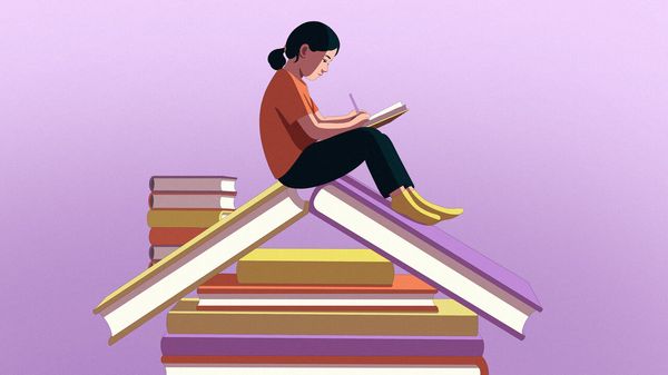 Illustration of a young girl sat on a pile of books shaped like a house, writing in a notebook
