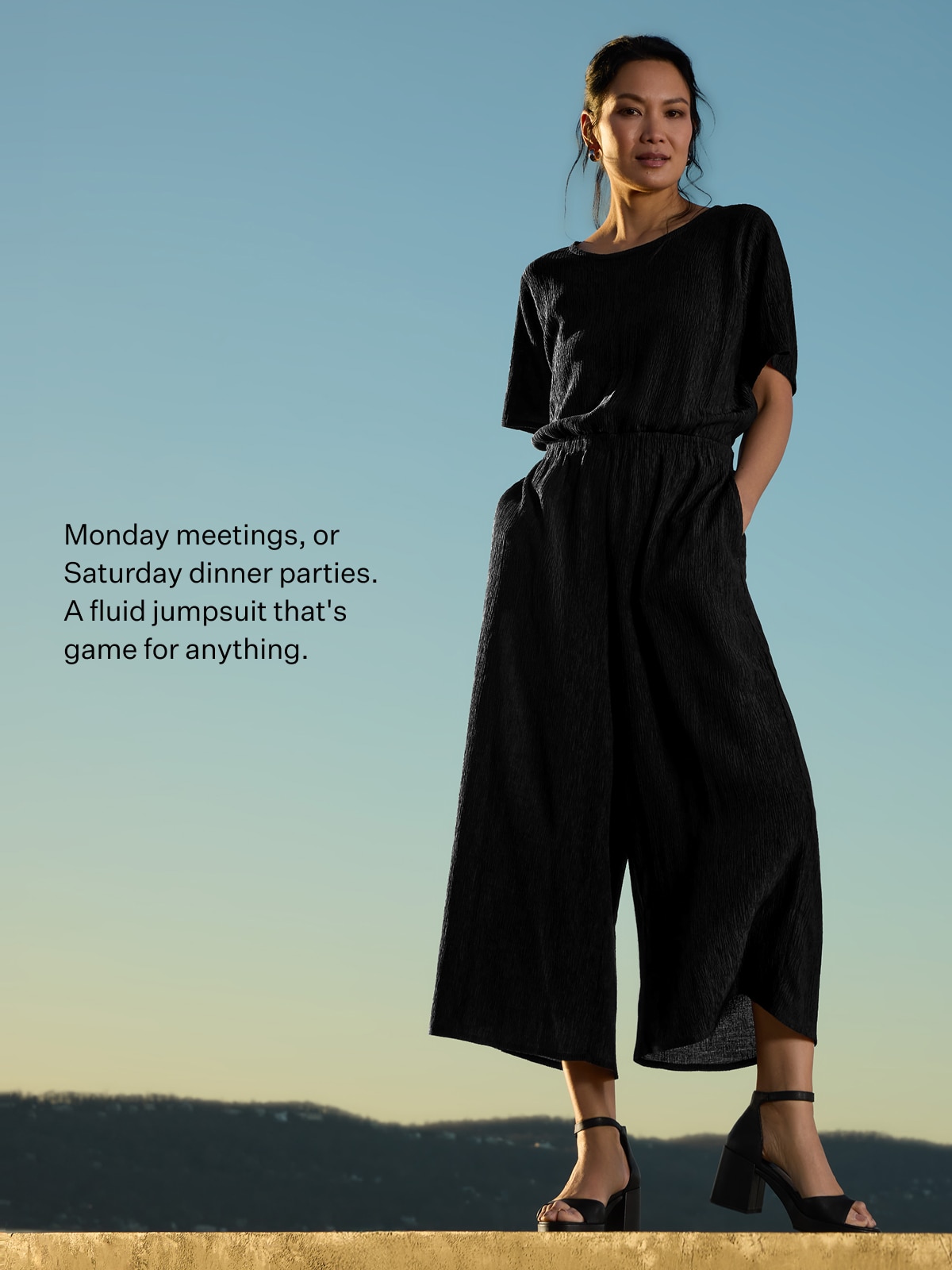 Monday meetings, or Saturday dinner parties. A fluid jumpsuit that's game for anything.