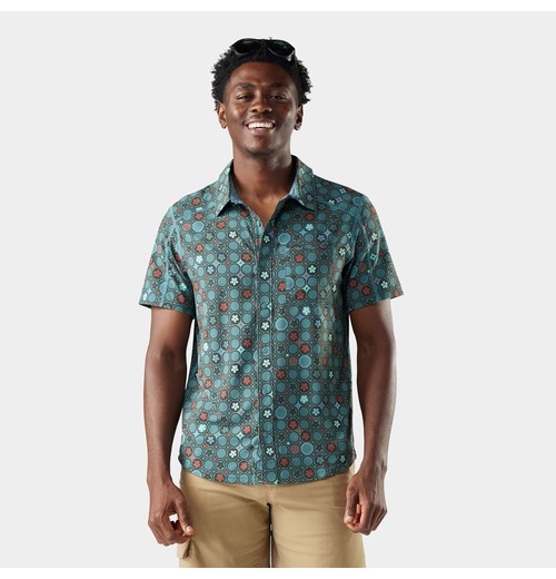 Men's Everyday Short Sleeve Button Down-Dusty Teal Geo Floral / L