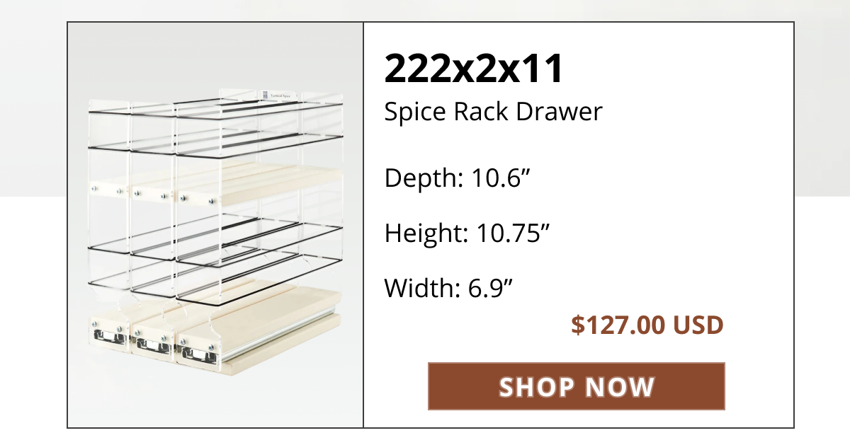 222x2x11 pull-out spice rack drawer with dimensions and pricing, compact kitchen cabinet organizer for small spaces