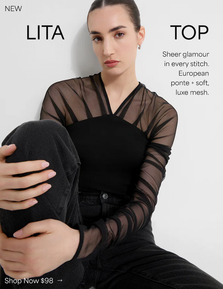 Emily wears The Lita Top with sheer mesh sleeves and a V-shaped illusion neckline.