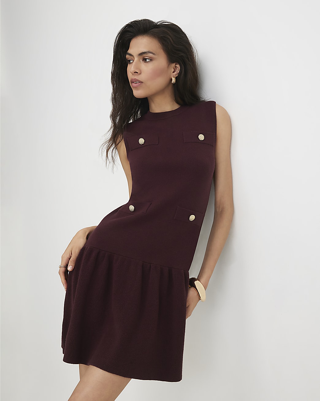 Womens Red Knit Pleat Hem Mini Dress