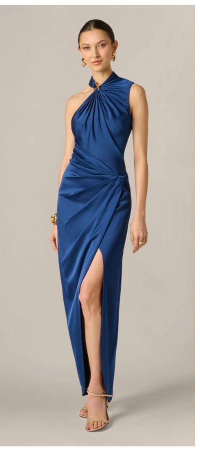 Satin Asymmetrical Draped Hardware Halter Gown In Navy