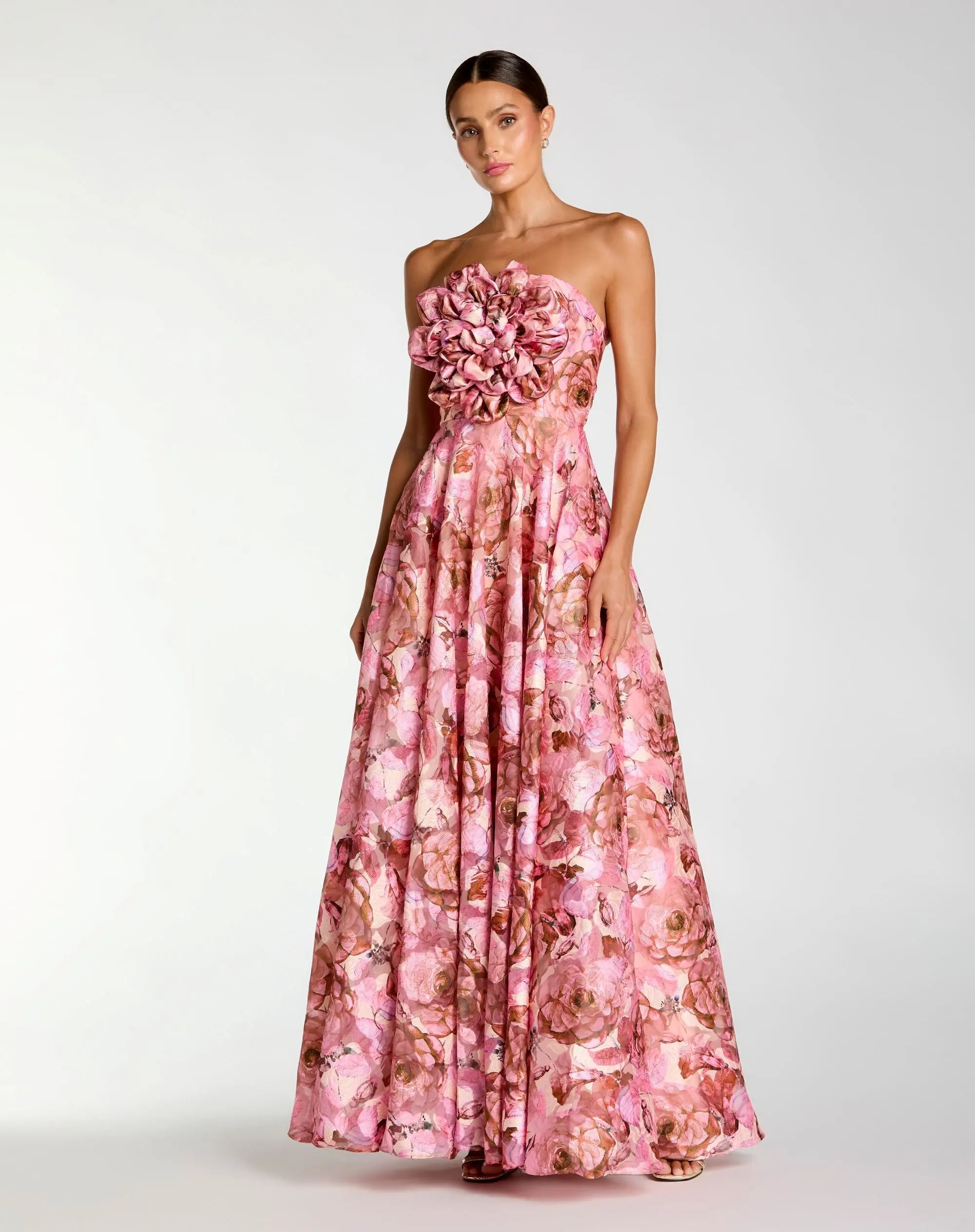 Image of Pink Strapless Floral Printed A-Line Gown With 3D Flower