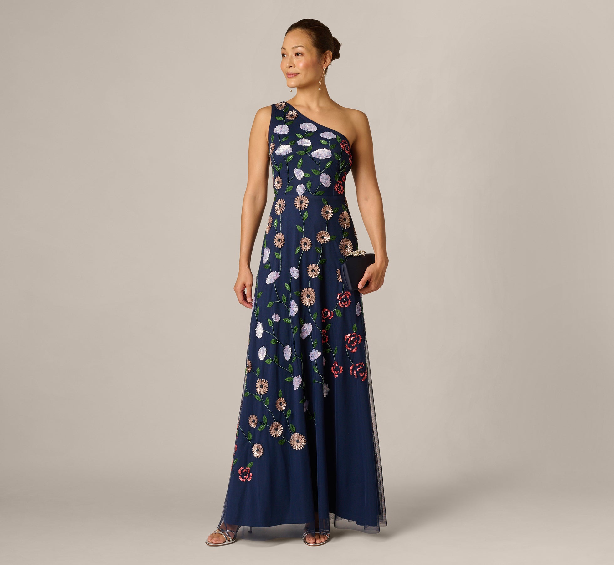 Image of One Shoulder Floral Garden Beaded Gown In Navy Multi