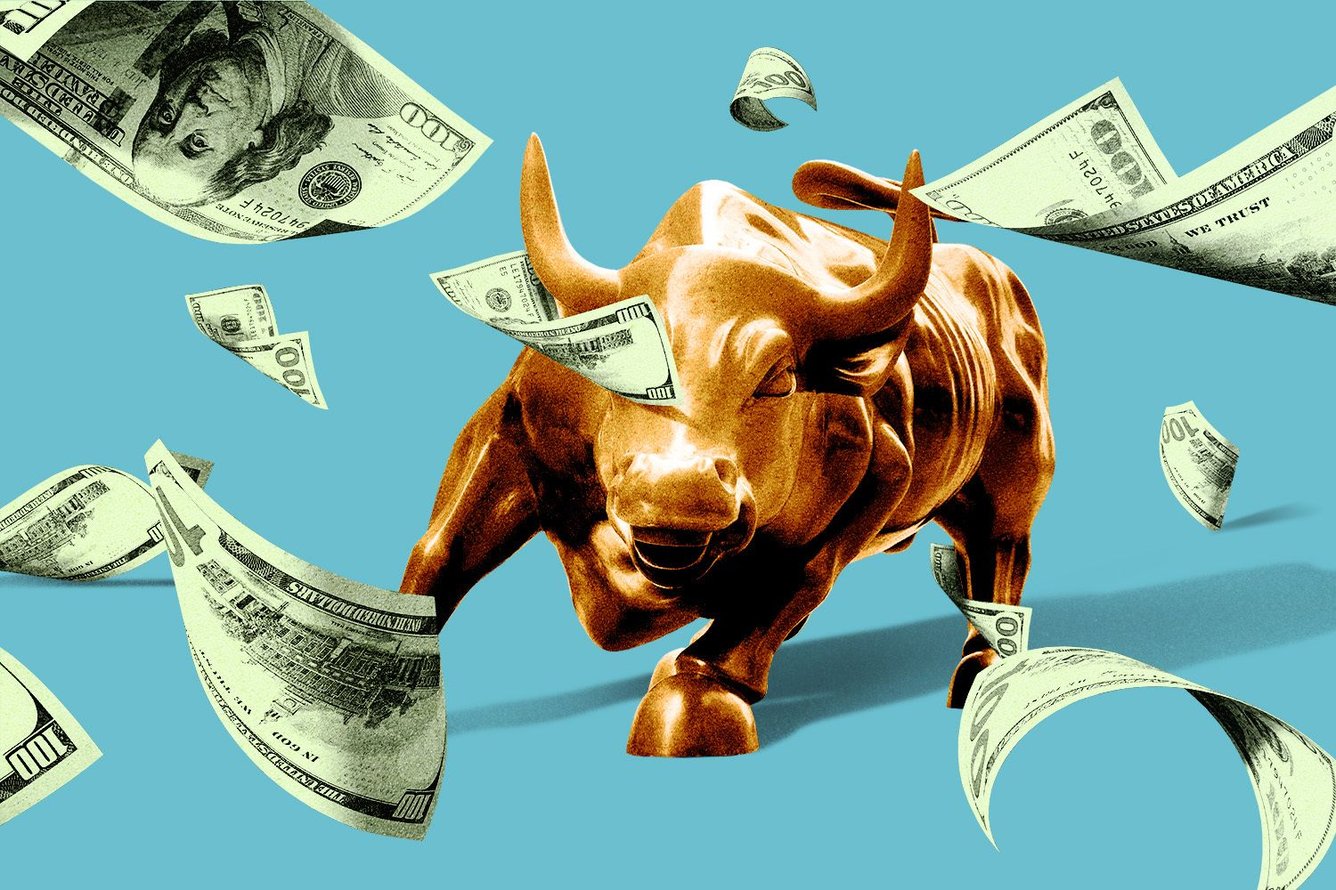 The Wall Street bull surrounded by money