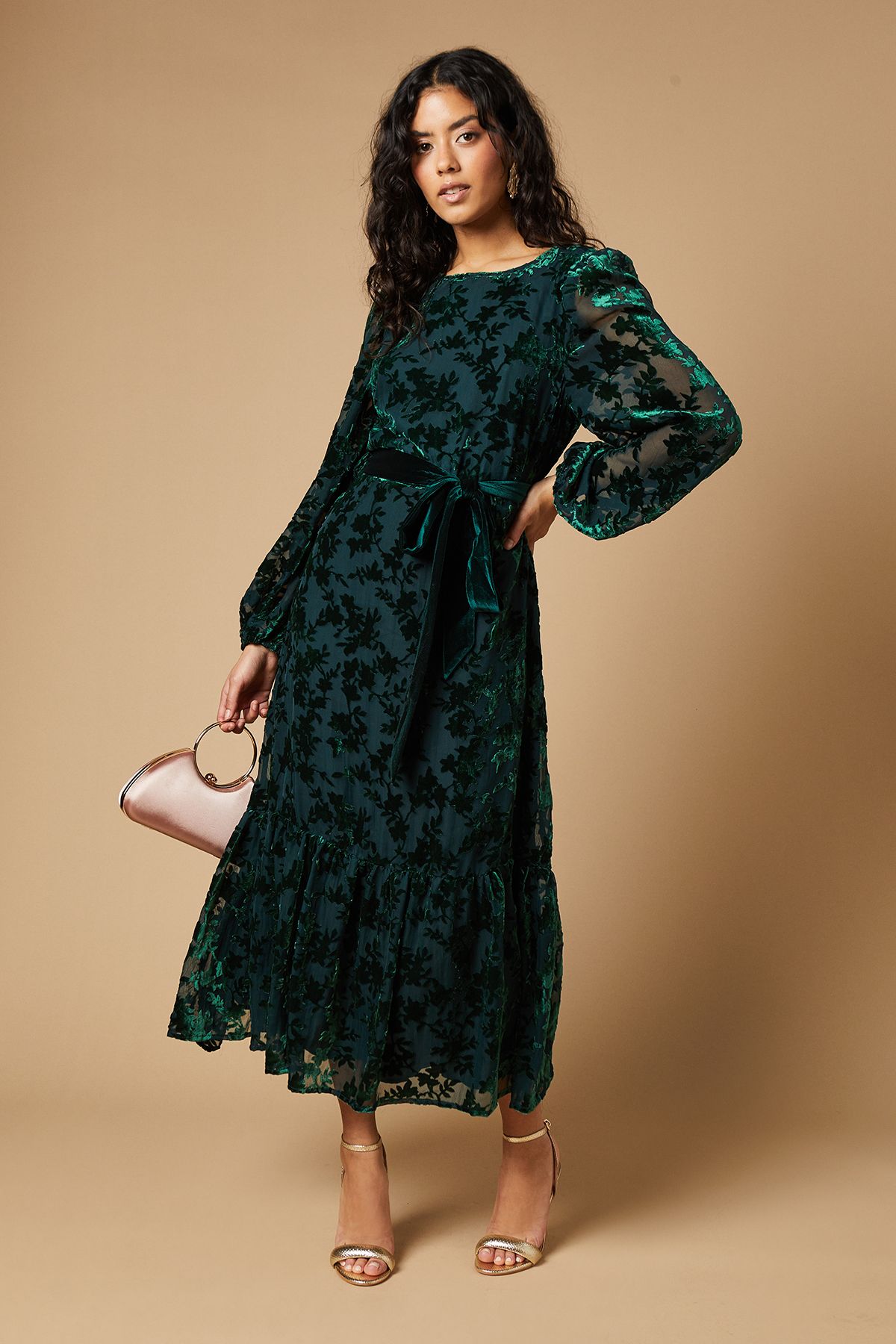 Petite Velvet Contrast Belted Maxi Dress