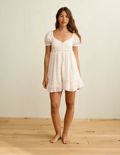 AE Babydoll Puff-Sleeve Embroidered Mini Dress